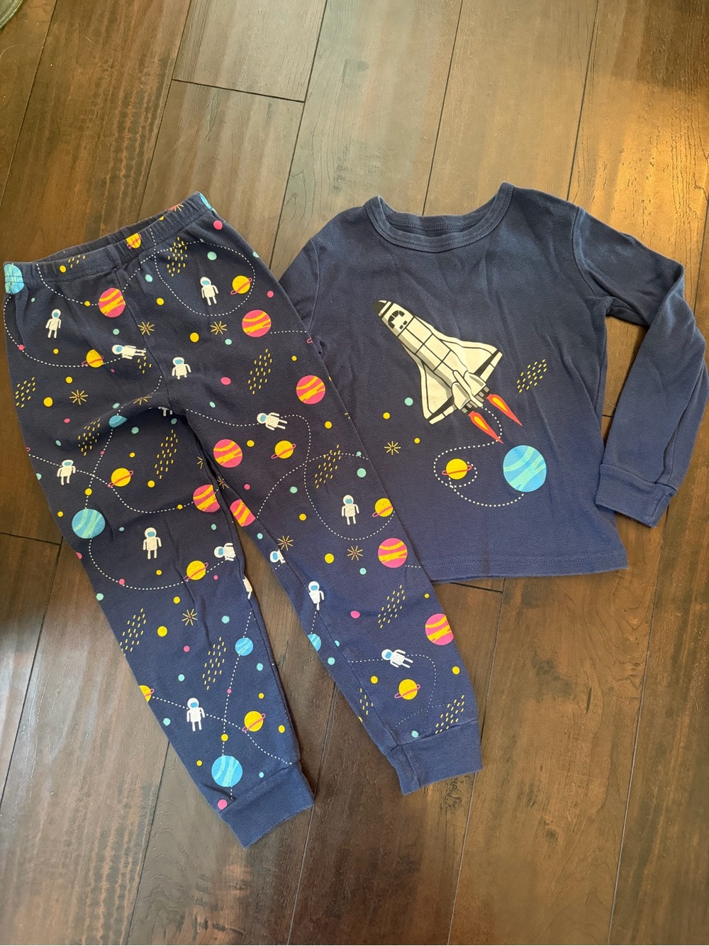 Navy Space Rocket Pajama Set with Colorful Planets